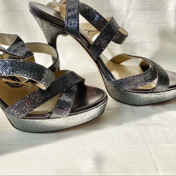 Jimmy Choo Vamp Metallic Slingback Wrap Sandals Platform Heels Glitter Silver - Picture 8 of 12